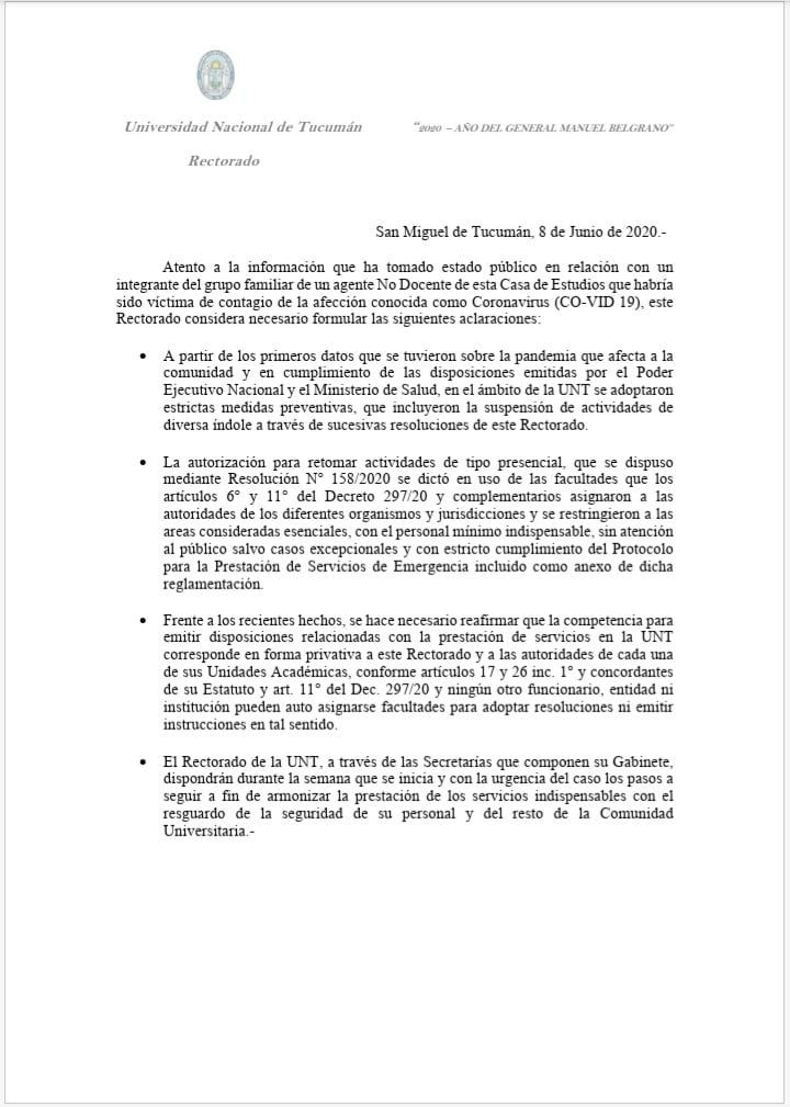 Comunicado de Universidad Nacional de Tucumán.