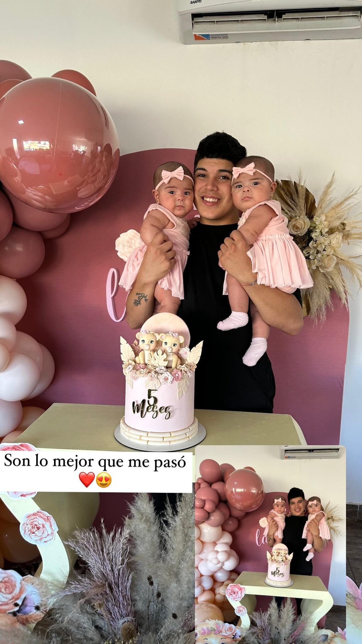 Thiago Medina junto a sus hijas, Laia y Aimé en su cumple mes número 5