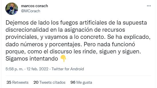 Hilo de Twitter del ministro de la Gestión Pública, Marcos Corach, respondiendo ante la supuesta discriminación en los fondos públicos