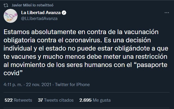 Javier Milei se vacunó contra el coronavirus: “Son los costos que tengo que pagar”