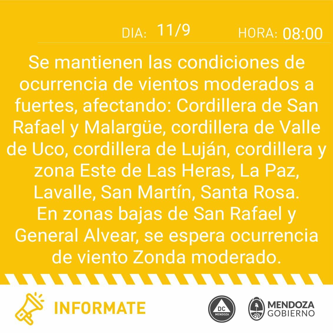 El comunicado sobre la alerta por el viento Zonda en Mendoza para este sábado, 11 de septiembre de 2021.