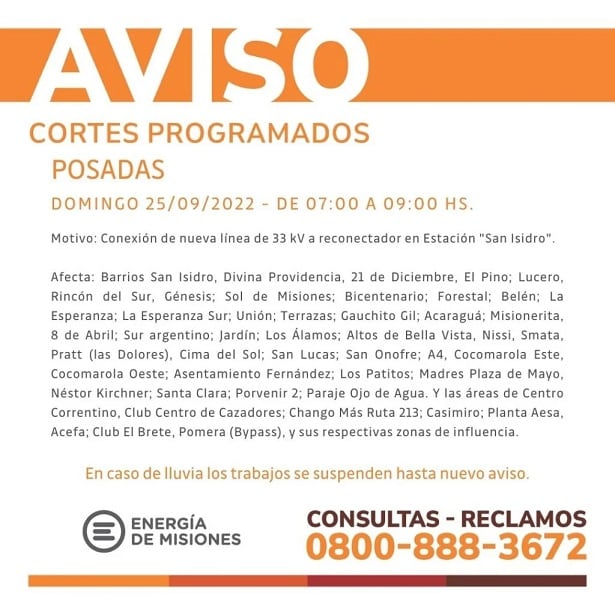 Energía de Misiones anuncia cortes programados en Posadas.