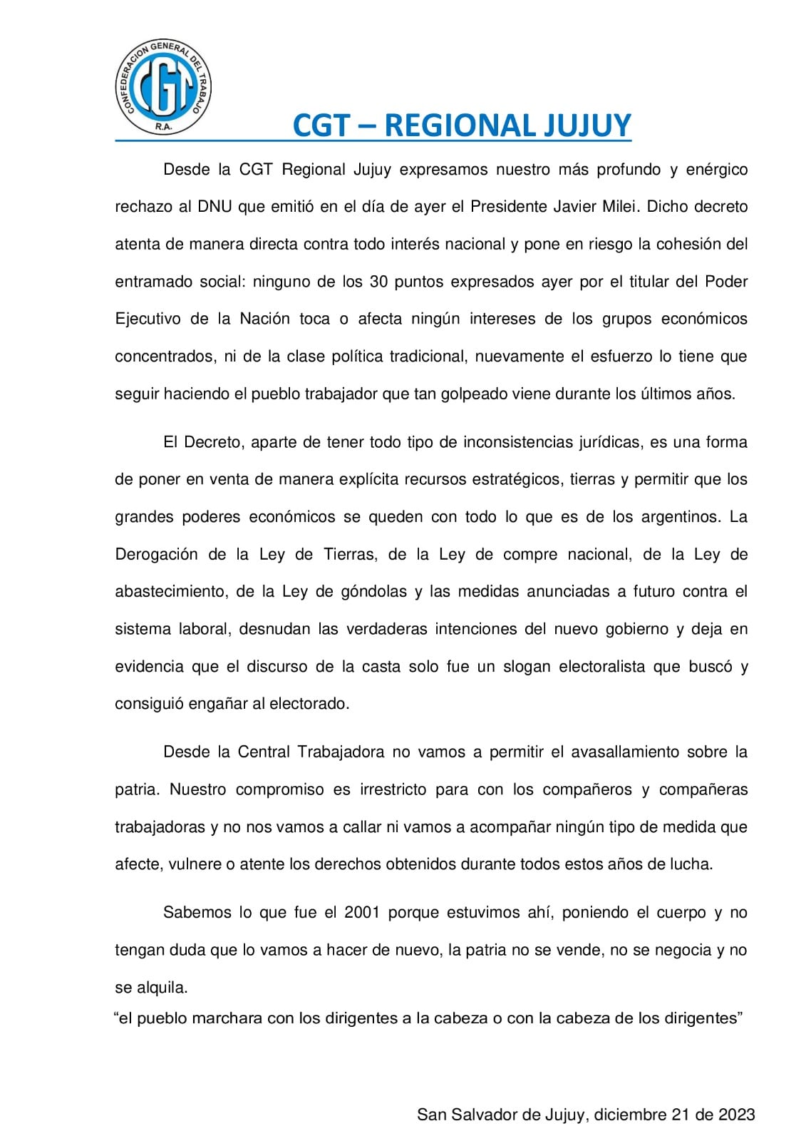 Documento de la CGT Regional Jujuy difundido este jueves en rechazo a los términos del DNU emitido por el presidente Javier Milei.