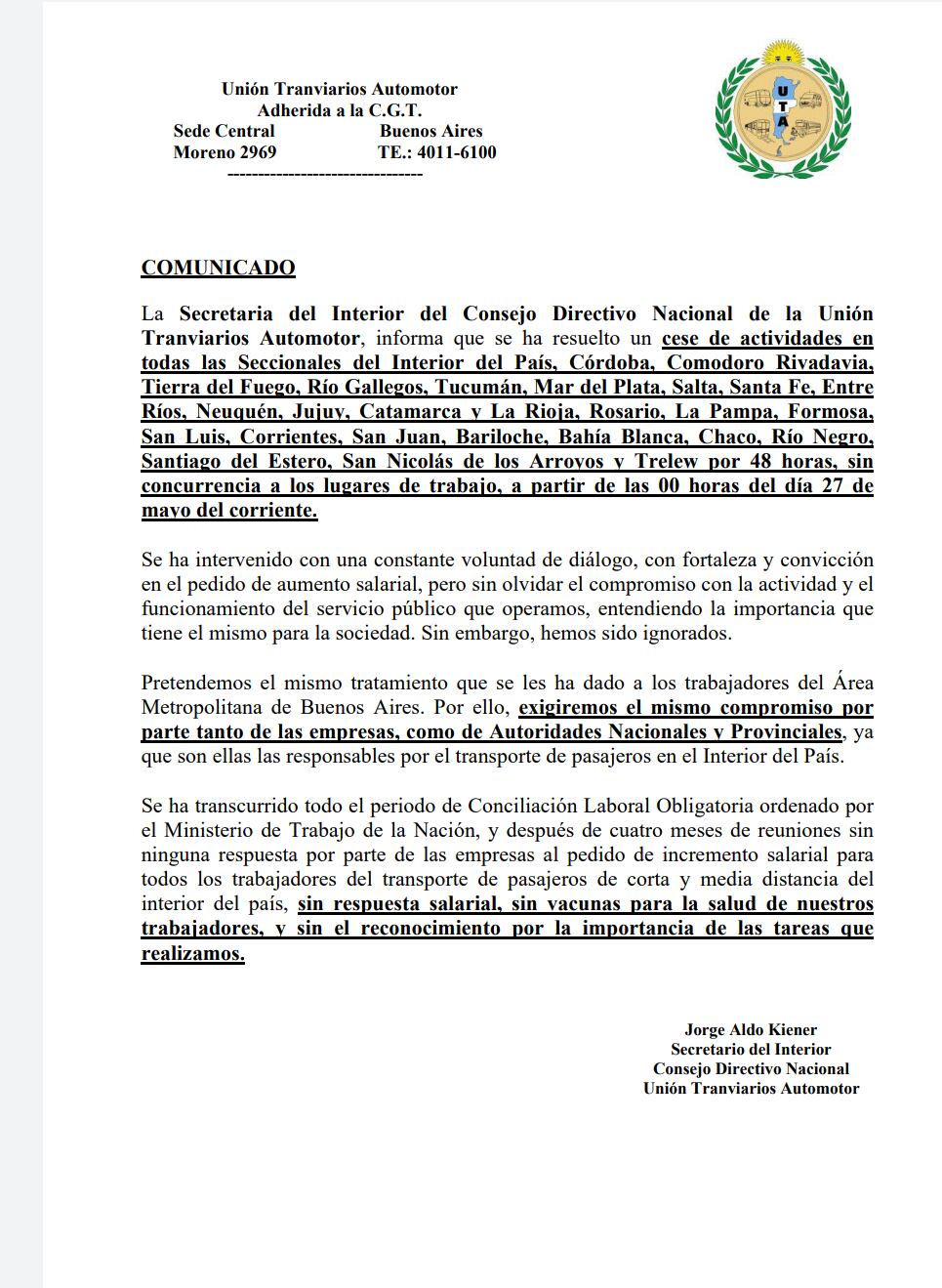 La UTA lanzó un paro de colectivos en todo el interior del país