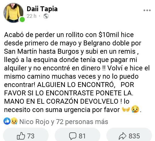 El mensaje de la joven contando que había perdido su dinero.