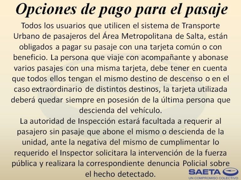 El comunicado publicado en diciembre por SAETA con las opciones de pago para el pasaje.