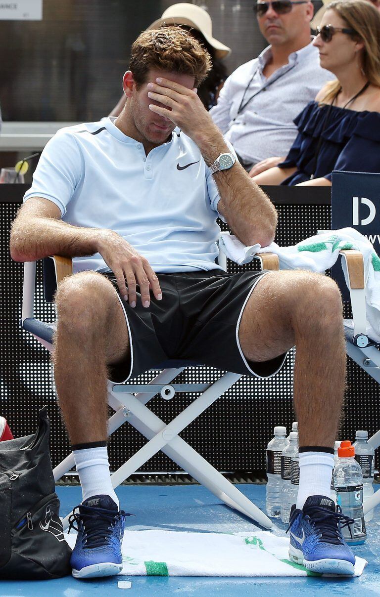 Juan Martin Del Potro of Argentina holds his head in his hand after losing against Roberto Bautista Agut of Spain at the men's singles final match of the ATP Auckland Classic tennis tournament in Auckland on January 13, 2018. / AFP PHOTO / MICHAEL BRADLEY