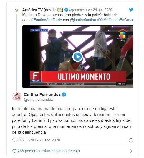 Comentario publicado en Twitter por la bailarina (Twitter/@cinthifernandez)