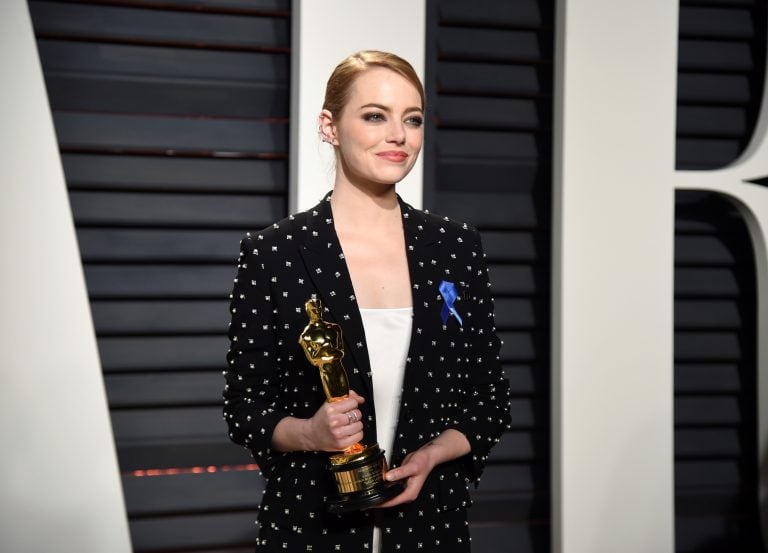 Emma Stone arrives at the Vanity Fair Oscar Party on Monday, Feb. 27, 2017, in Beverly Hills, Calif. (Photo by Evan Agostini/Invision/AP)