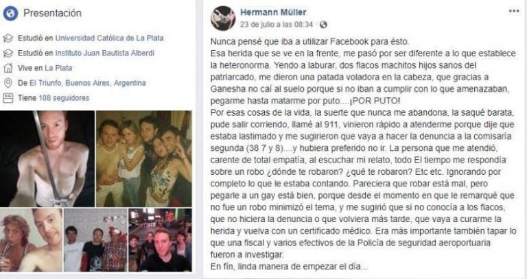 El relato del joven en su cuenta de Facebook.