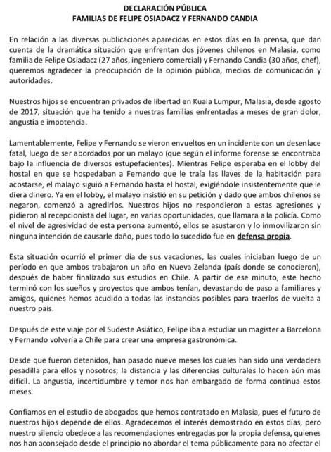 El comunicado de las familias de Felipe Osiadacz y Fernando Candia