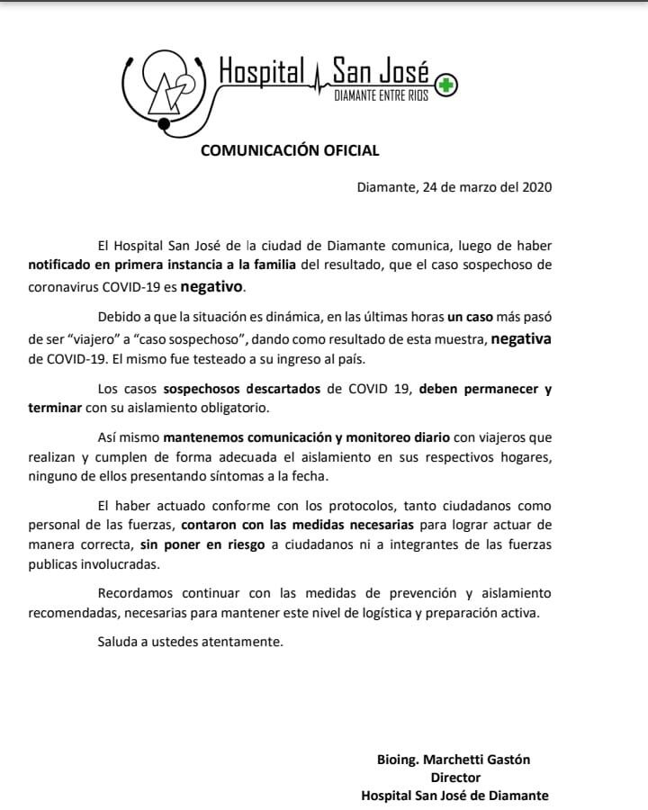 Comunicado oficial del Hospital San José de Diamante