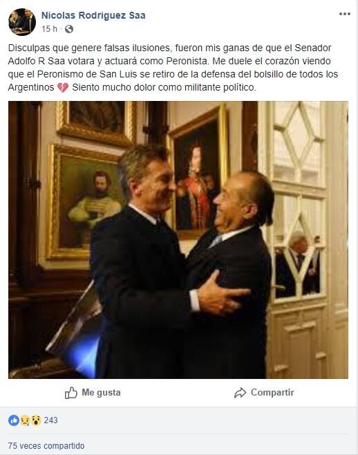 Posteo de Facebook de su sobrino.