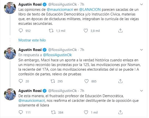 Respuesta de Agustín Rossi a la nota de opinión de Mauricio Macri (Twitter)