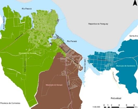 Area metropolitana de Posadas (verde), Garupá y Candelaria. (Vialidad)