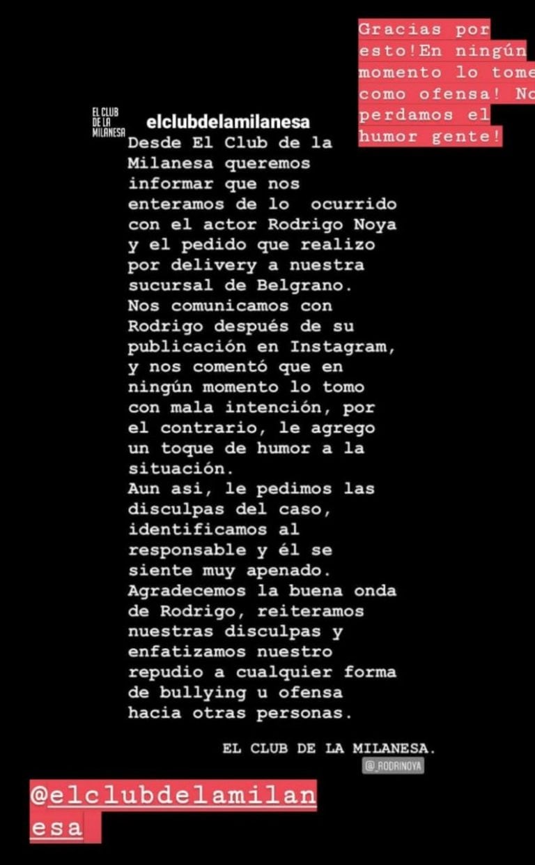 La respuesta del comercio al actor Rodrigo Noya (Foto: Instagram)