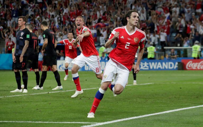 Soccer Football - World Cup - Quarter Final - Russia vs Croatia - Fisht Stadium, Sochi, Russia - July 7, 2018  Russia's Mario Fernandes celebrates scoring their second goal   REUTERS/Henry Romero