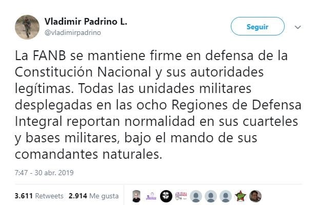 Vladimir Padrino se expresó a través de Twitter y se pronunció "firme en defensa de la Constitución Nacional y sus autoridades legítimas"