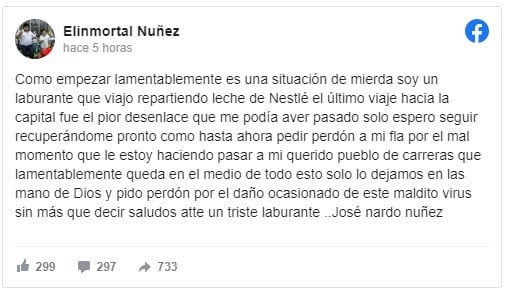 Posteo de "El inmortal" Núñez (Facebook)