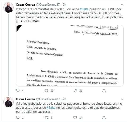 Jueces que cobran más de 350 mil piden un pago extra por la pandemia. (Twitter)