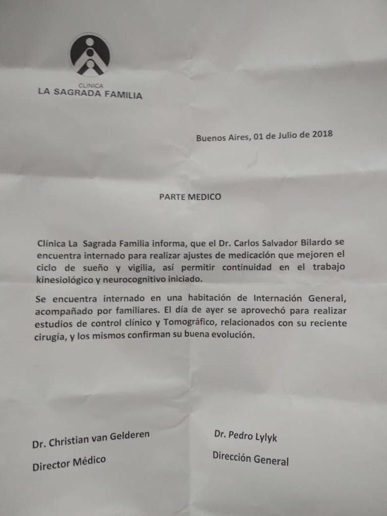 El parte médico emitido este domingo por la clínica