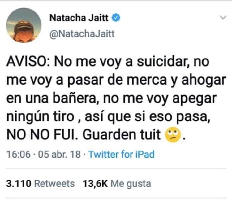 El mensaje que había dejado Natacha Jaitt