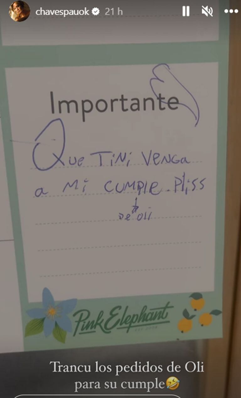 Paula Chaves mostró el pedido que le hizo su hija Olivia para su cumpleaños