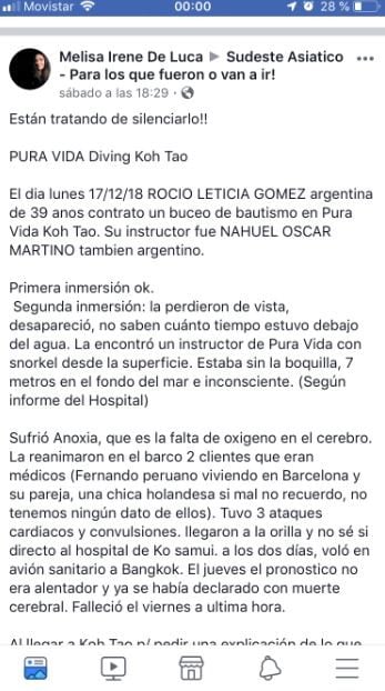 Rocío Leticia Gómez falleció durante un buceo de bautismo con la escuela "Pura Vida Diving" en Ko Tao, Tailandia, y Franco, su expareja, detalló el confuso episodio.