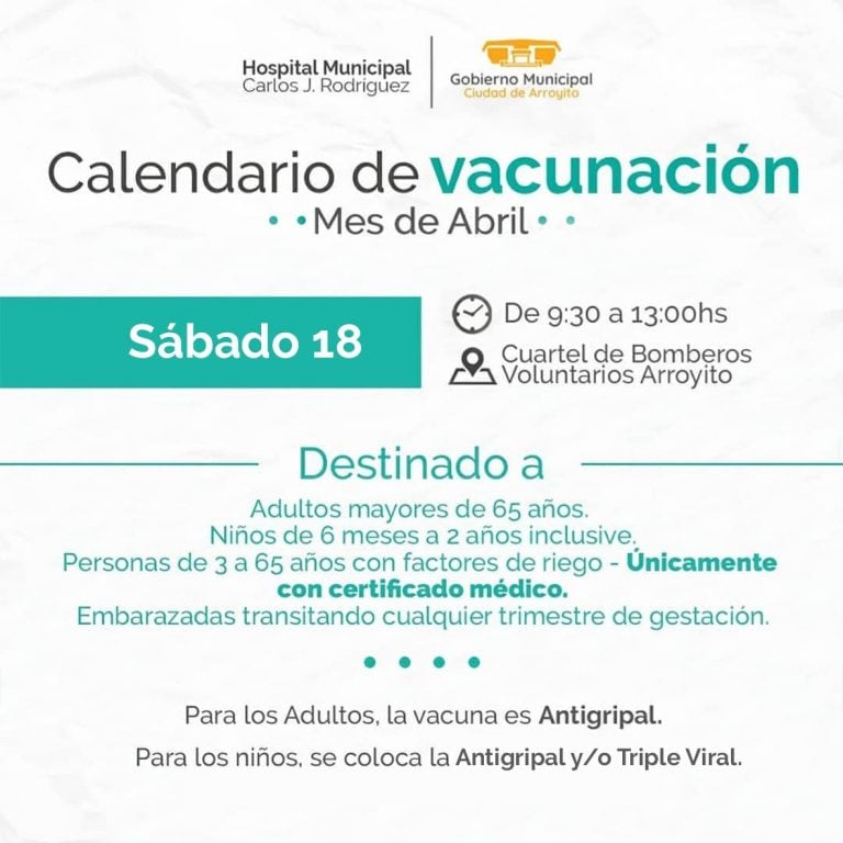 Vacunacion en Arroyito el sabado 18 de abril