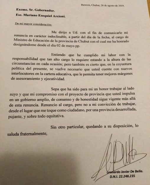 La renuncia de Leandro De Bella que presentó ante el Gobierno.