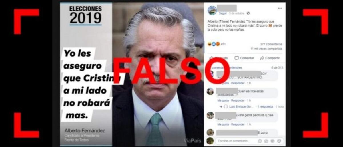 Es falsa la imagen donde Alberto Fernández dice: "Yo les aseguro que Cristina a mi lado no robará más"