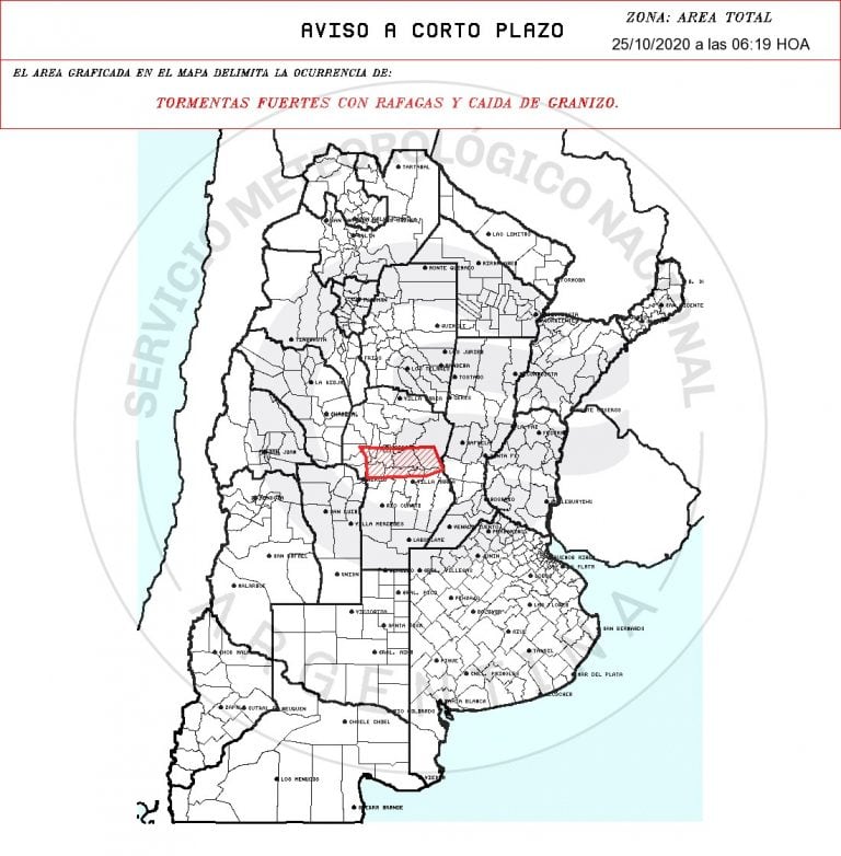 Aviso a corto plazo por "tormentas fuertes con ráfagas y caída de granizo" para Punilla y otros catorce departamentos.