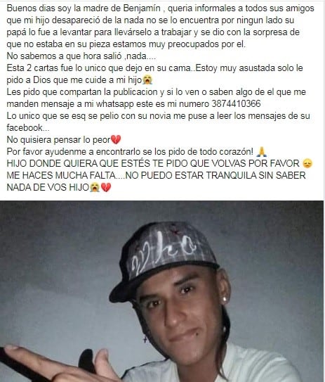 El desesperado pedido de la madre de Benjamín. (Facebook)