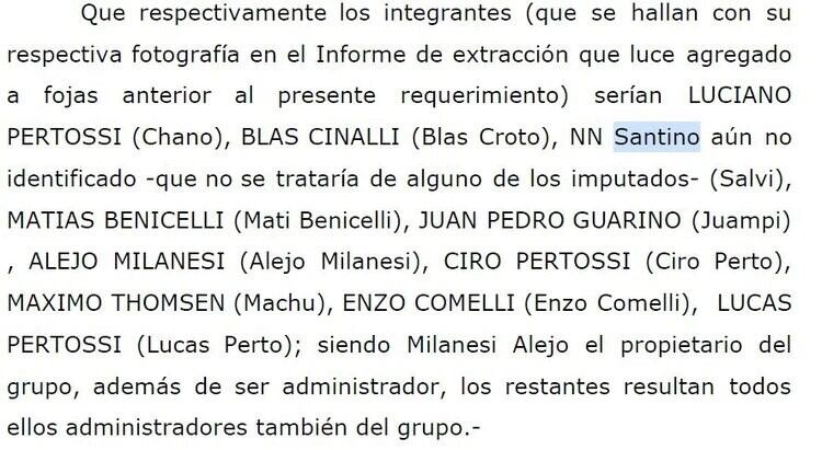 La mención a "Santino" o "Salvi" en el pedido de prisión preventiva. (credito: Infobae)