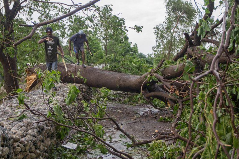 HAI01 - FREDRIK (HAITÍ), 10/05/2016- Dos hombres pasan sobre un árbol caído hoy, miércoles 5 de octubre de 2016, un día después del paso del huracán Matthew en la población de Fredrik (Haití). El huracán Matthew tocó tierra ayer en Haití dejando a su paso