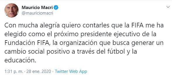 Mauricio Macri sobre su nuevo cargo en la FIFA.