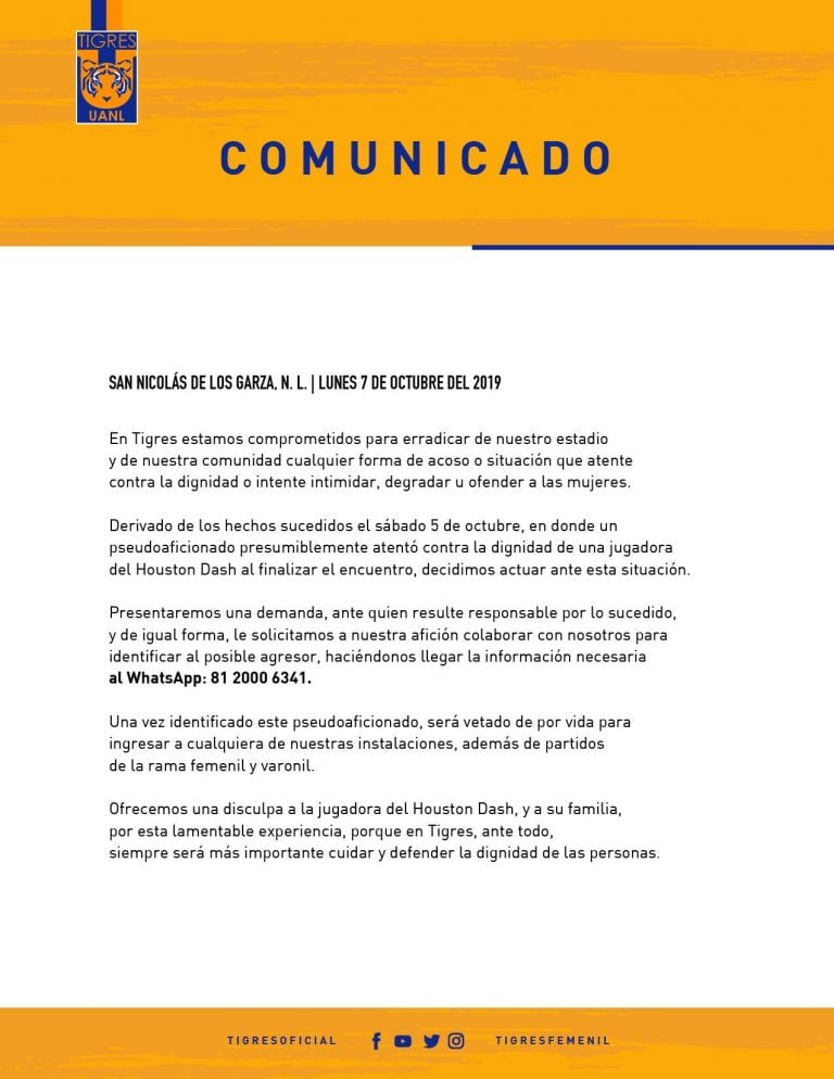 El comunicado oficial de Tigres (Foto: Twitter/TigresFemenil)