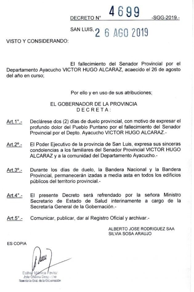 Decreto de duelo por el fallecimiento de Victor Hugo Alcaraz.