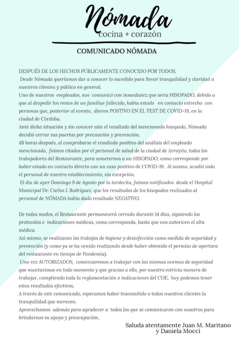 Comunicados Nomada e YPF casos negativos en Arroyito