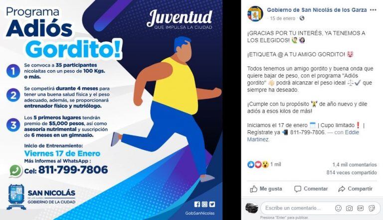 "Adiós gorditos", la controversial iniciativa que le paga a los obesos para que adelgacen (Foto: Facebook/ GobSanNicolas/)