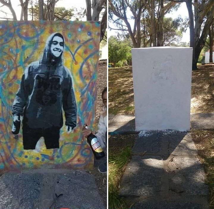 El mural en homenaje  a Tincho G Vidal en la plaza principal del Balneario Reta, que fue pintado de blanco por el delegado Oscar Toledo