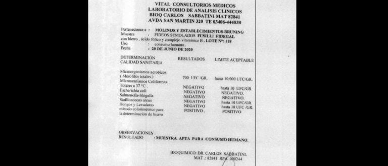 Análisis microscópico que presentó la empresa Brüning y data del 20 de junio último.