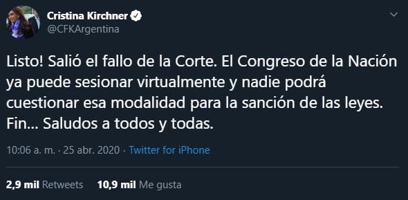 Cristina Kirchner: "El Congreso ya puede sesionar virtualmente y nadie podrá cuestionar modalidad"