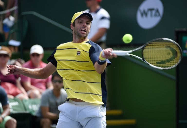 INDIAN WELLS, CA - MARCH 08: Horacio Zeballos of Argentina returns against Yuichi Sugita of Japan during Day 4 of the BNP Paribas Open on March 8, 2018 in Indian Wells, California.   Kevork Djansezian/Getty Images/AFP
== FOR NEWSPAPERS, INTERNET, TELCOS & TELEVISION USE ONLY ==