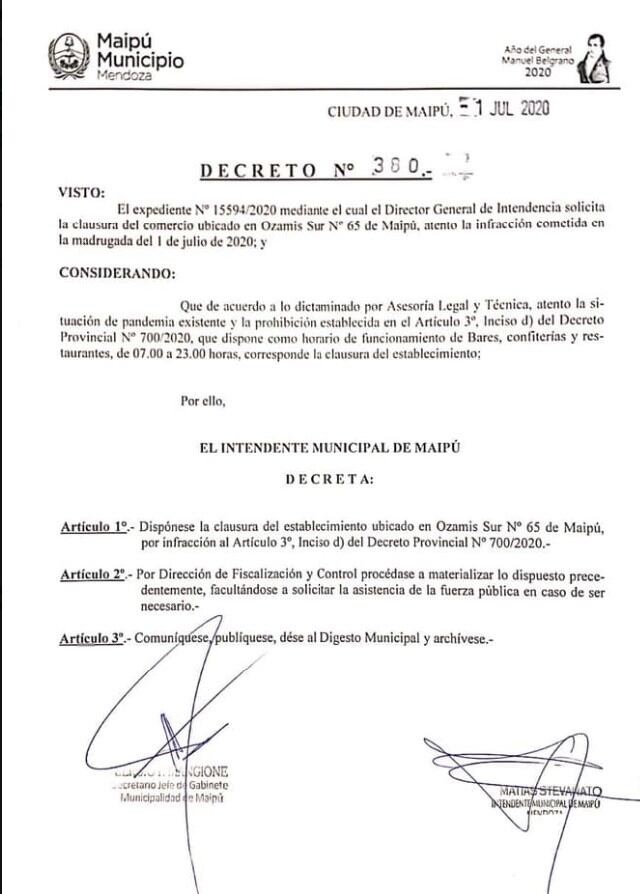 Decreto de la Municipalidad de Maipú.