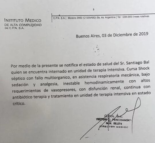 El último parte médico sobre la salud de Santiago Bal  (Gentileza Instituto Médico de Alta Complejidad)