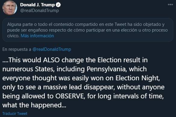 Trump insistió en frenar el recuento ante "decenas de miles de votos ilegales"