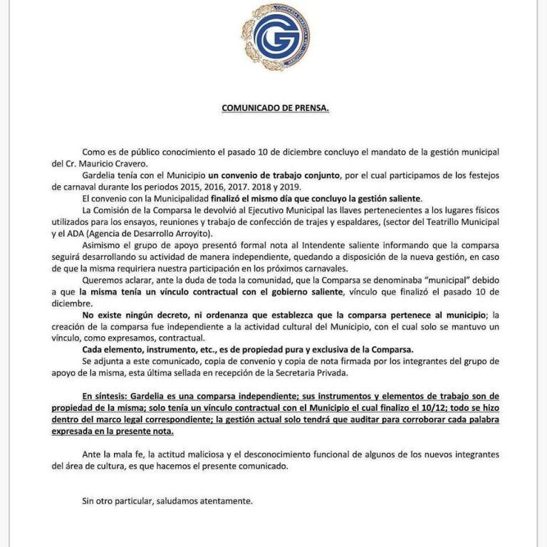 Comunicado comparsa Gardelia Arroyito