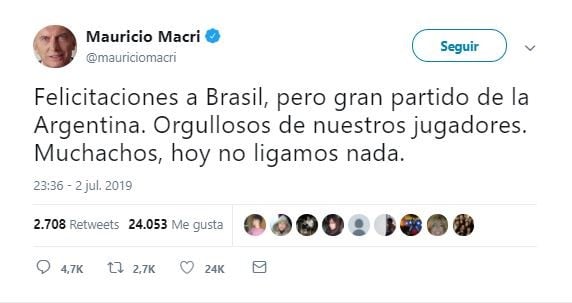 Copa América: la reacción de los famosos tras la derrota de Argentina (Foto: captura Twitter)