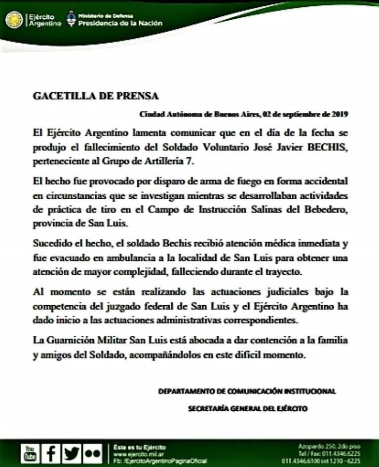 Comunicado del Ejército Argentino.